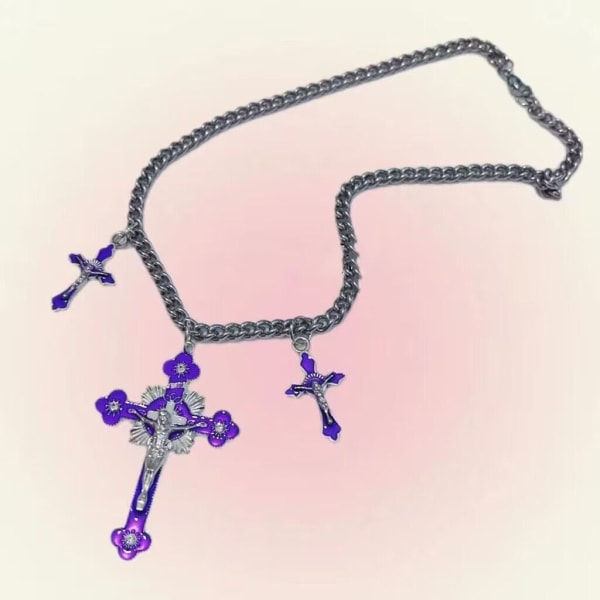 Rosa korshängande halsband Cool Y2K Goth smycken Rainbow-Cross Jesus Crucifix Cross Pendant Chain Halsband för kvinnor Pink
