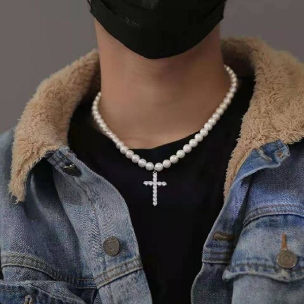 Rund imitation pärlor kedja halsband Vintage konstgjord diamant för kors hänge halsband bröllop vit pärl halsband