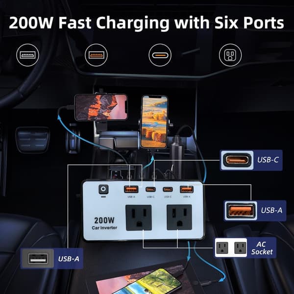 200W Bil Inverter DC12V til 110V med USB C og USB A Hurtig Opladning til Bærbare Computere