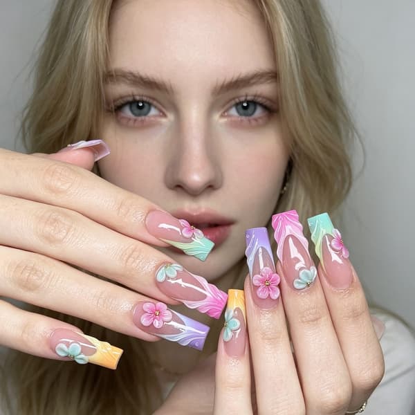 Press On Manicure Sæt Fransk Tip Gradient med 3D Blomst, 24 stk.