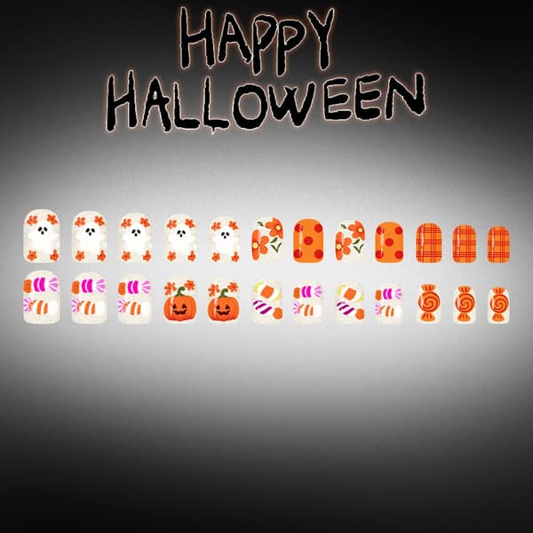 Halloween Press On Sæt 24 Stykker, Græskar Slik Ferie Stil