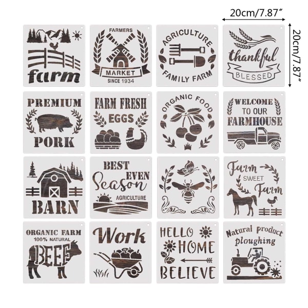 16 st Farmhouse mallar Konstritning Stencil för barn Måla kort göra DIY Scrapbooking Etikettkort Möbeldekoration