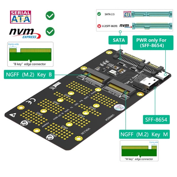 Forbedret Data Backup NVME M.2 til SATA3 og SFF8654 Adapterkort