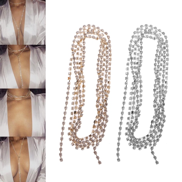 Mode Rhinestone Charm Halsband Stapelbart Kristall Halsband Statement Smycken Långt halsband Present för kvinnor Flickor Silver