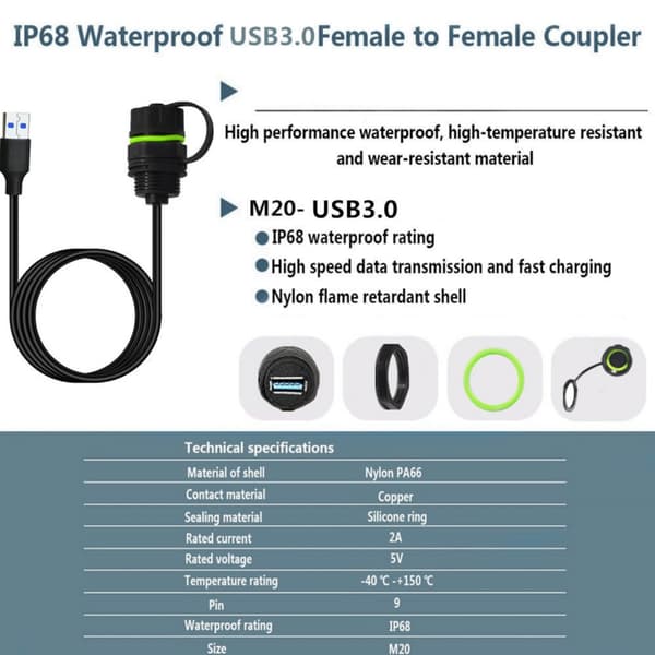 Vandtæt USB3.0 Panelmonteringskabeladapter 5Gbps Høj Hastighed til Industriel Brug