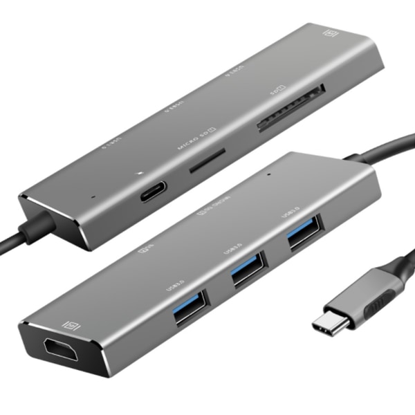 USB Hub 3.0, 7 i 1 100W PD Dock Splitter med SD TF-kortläsare och aluminiumlegeringskropp för Windows, för Mac, Linux