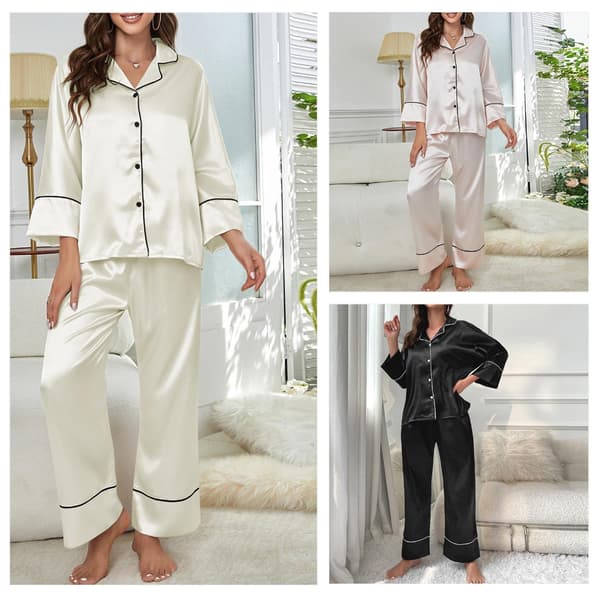 Pyjamas i silkesatin för kvinnor, långärmad, knäppt sovplagg, myskläder Champagne S
