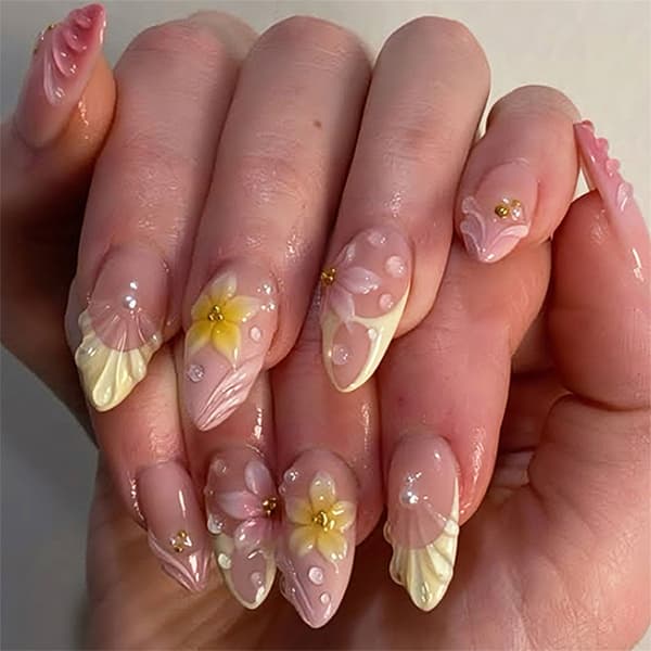 Feststil Press On Manicure Neglesæt Med Mandelformet Blomsterkunst