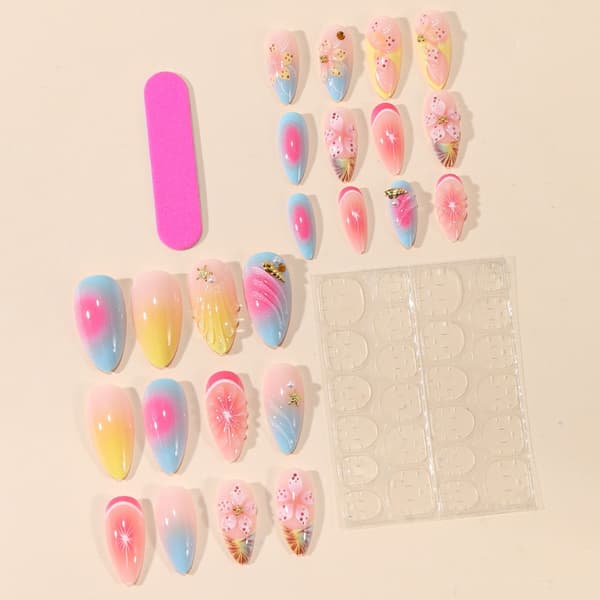 ABS Press On Negle 24 Stykker Fransk Tip Blomster Gradient Design til Ferie