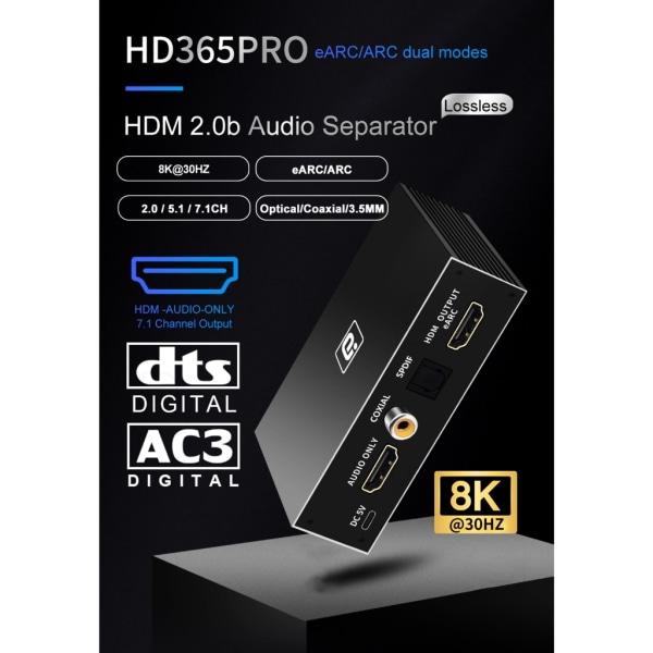 8k HDMI2.0b Audio Extractor Audio Switcher eARC Splitter 7.1CH DSTHD AUX Koaxial Optisk DAC-avkodningCEC HDCP UK