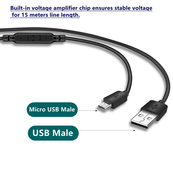 Superlång USB till Micro USB Laddningskabel för Termometer/Kamera Lång Slitstark Laddare Ledning Spänningsförstärkare 15 meter