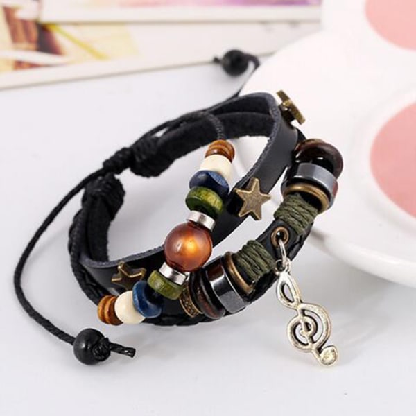 Musiknot Kohudsarmband Rep Fläta Wrap Multi Wood Bead Charm Armband Justerbart armband för kvinnor män Black