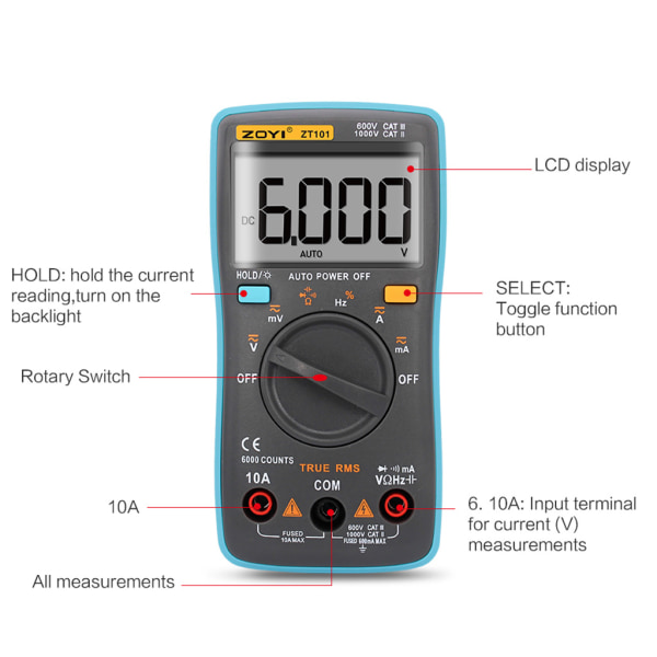ZT101 Digital multimeter Bakgrundsbelysning A-C/D-C Amperemeter 6000 Counts A-C/D-C Amperemeter Voltmeter Bärbar Mätare Spänningsmätare
