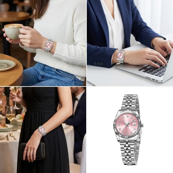 Mode Dame Analog Quartz Armbåndsur Pink Urskive Sølv Poleret Rem