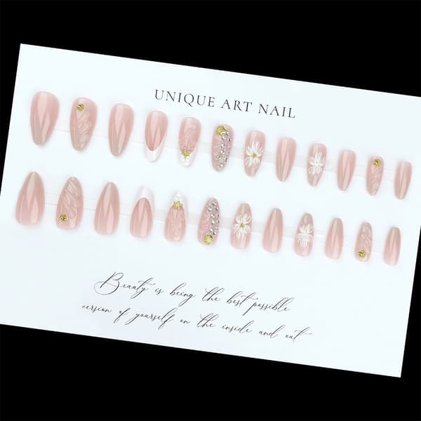 Ocean Style Press On Manicure Negle med 3D Blomst Pink Fransk Design