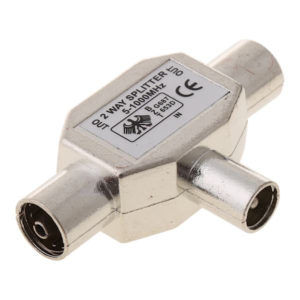 2-vägs T-förgrening 1x Han till 2x Hon Koaxial TV-antenn Adapter i Metall
