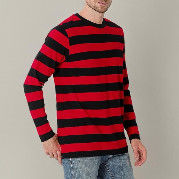 Stribet langærmet T-shirt med rund hals til mænd, basic afslappet top Burgundy M