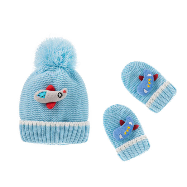 Winter Warm Baby Hat Handskar Set Barn Päls Ball Stickad Beanies Cap Mitten Kit