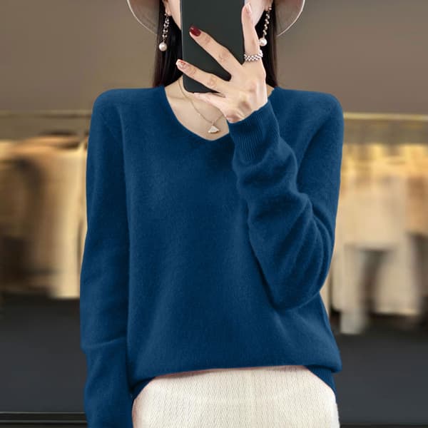 Dame V-hals Strikket Sweater Afslappet Løs Langærmet Pullover Jumper Toppe Algae blue M