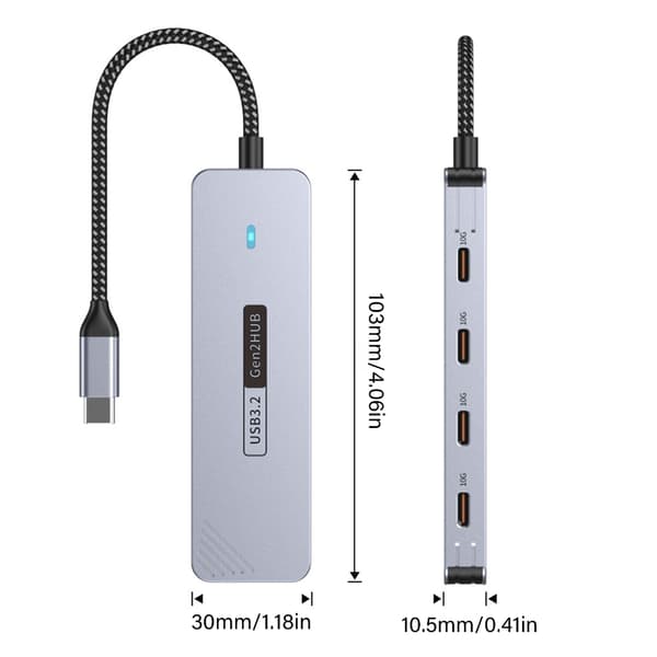 USB C-splitter i aluminiumlegering, 4 portar, 10 Gbps snabb hastighet för digitala enheter
