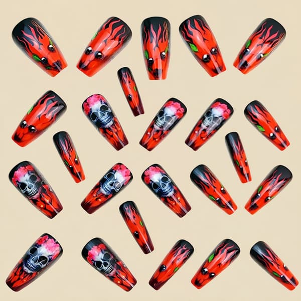 Spooky Skeleton Flower Fake Nail Easy Apply Durability Design for Halloween