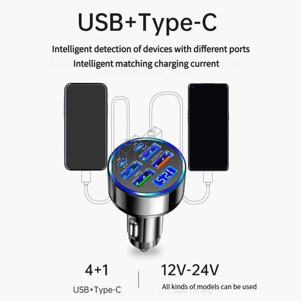 Plassbesparende billaderadapter med 4 USB-porter og digital strømvisning