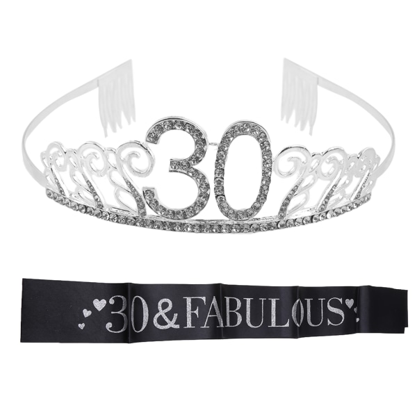 30-årsdag Tiara och skärp Birthday Party Supplies Glitter Satin Sash Crystal Tiara Birthday Crown för födelsedagsfest null - A