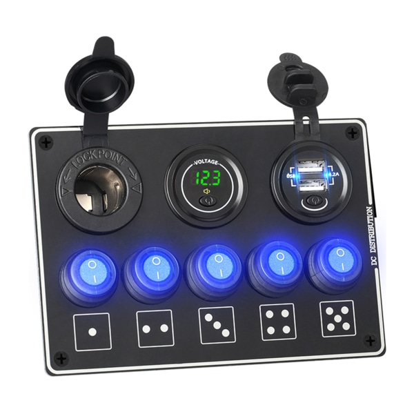 5-vägs vippströmbrytare Dubbel USB-laddare LED-voltmeter med strömbrytare 12V-uttag Förkopplad strömbrytarpanel för bil Lastbil Båt Marin SUV