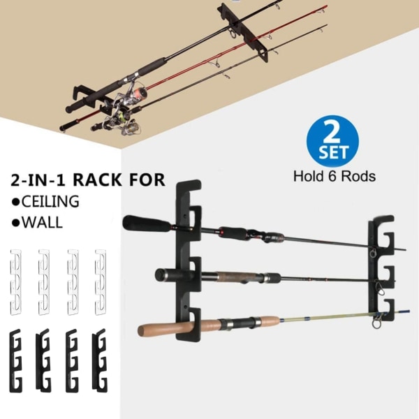 Set fiskespöhållare för garagehållare 6 spön Fiskspöhållare för vägg och tak, förvaring av fiskespö Black