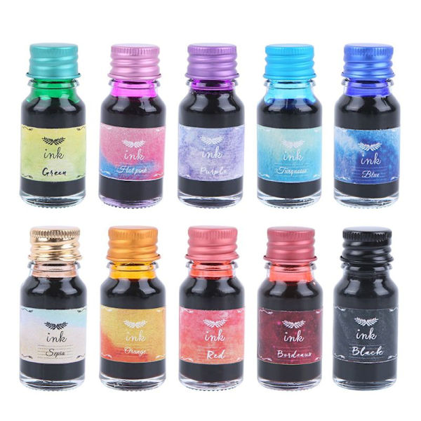 10 Färger Dipp Penna Bläck Set Fyllpenna Bläck Premium Färgat Bläck Kalligrafi Presentkit för Ritning Kalligrafi 10ml/Flaska