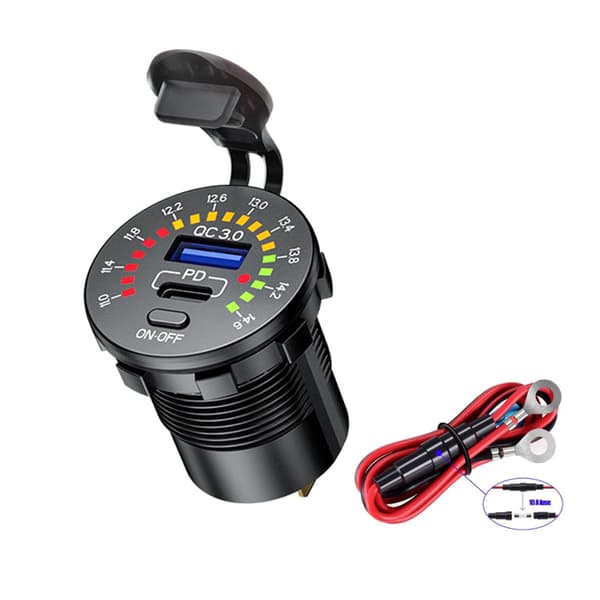 Dobbelt USB Quick Charge Vandtæt Bilopladerstik m/ Farverig Voltmeter