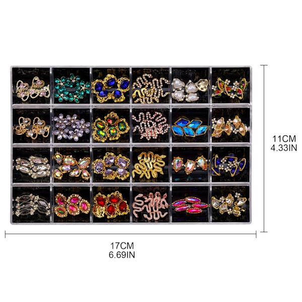 24 Grids Nail Rhinestones, Nagelstenar Nageldiamanter, Nail art Nagelkristaller, Blommor Nagelberlocker för Nail art E