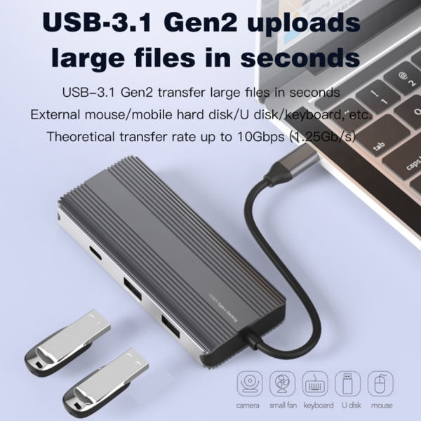 UsbC Hub TypeC dockningsstation 8 portar USB3.1 Adapter för SD TF 8K HDM-kompatibel Rj45 Dual TypeC USB Hub för bärbar dator