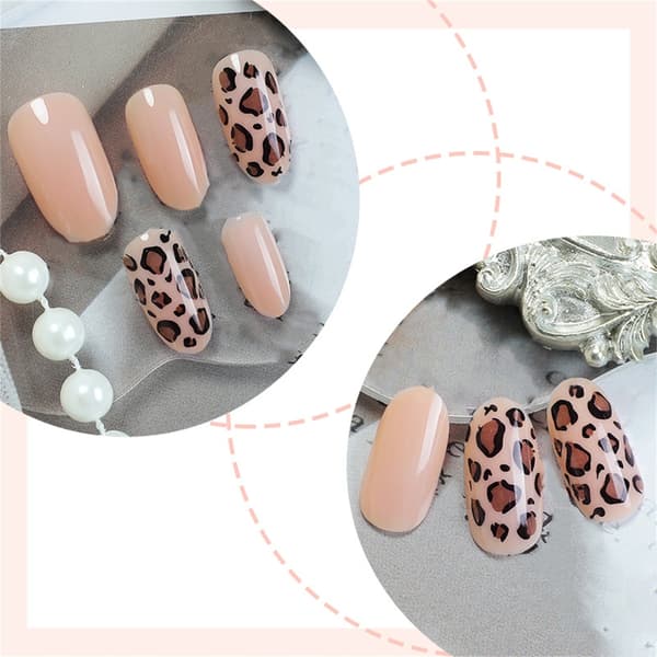 Korta Mandelformade Leopardmönstrade Lösnaglar Set Press-on Manikyr Nagelkonst
