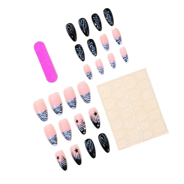 Genanvendeligt Manicuresæt Blå Sort Lang Mandel 24 Stk. Stil Look til DIY Styling