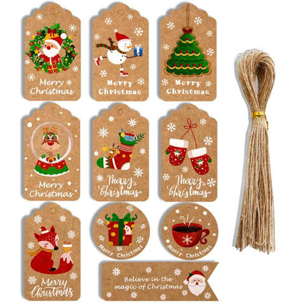 Julklappsetiketter Kraftpapper Presentetiketter med Hampasnören 50st Miljövänliga Jul Presentinslagningsetiketter