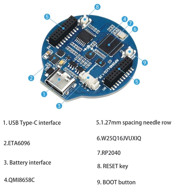 RP2040 Microcontroller Udviklingskort 1.28 Tommer 65K til RaspberryPi/STM32