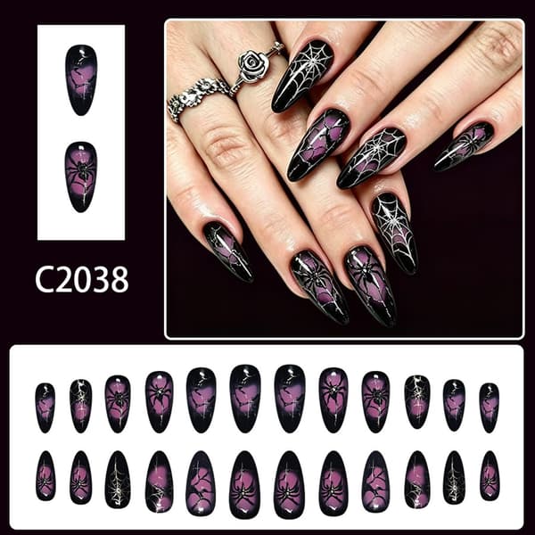 Lang Halloween Press On Manicure Sort Lilla Feststil Sæt