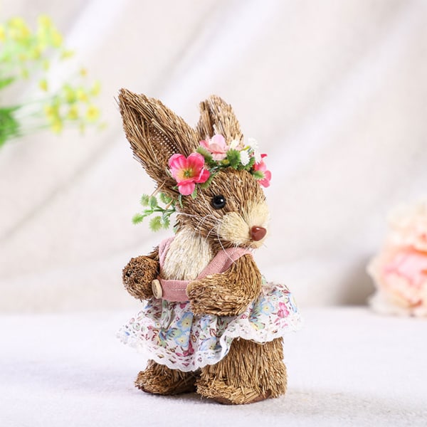 Påsk Halm Kanin prydnad handgjorda kanin för docka med blomsterkrans Förkläde De