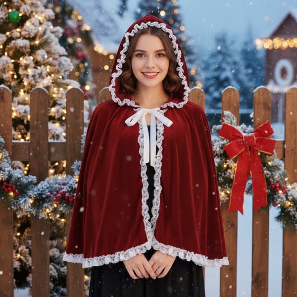 Elegant spetsprydd sammetssjal Vinterkappa Festkläder Red with white edge Length 60