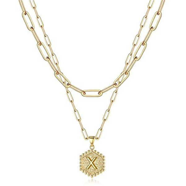 Layered Choker Halsband Dam Guld Layering Gem Kedja Halsband Enkelt justerbart Hexagon Pendant Halsband null - P