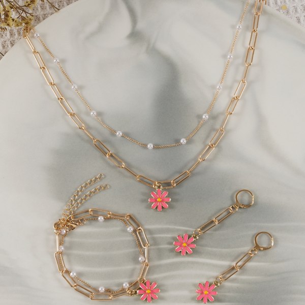 Daisy Sunflower Halsband Armband Örhänge Set Sunflower Boho Long Drop Handgjorda hängsmycke Halsband Choker för kvinnor Tjej Rose Red