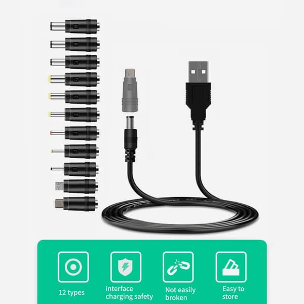 1 sett USB til 5.5x2.1mm 5V ladekabel med 12 stk adaptere for høyttaler