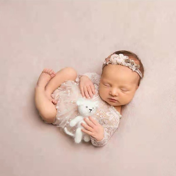 3 st Nyfödd fotografi rekvisita Outfits Baby Spets Romper Pannband Kort kjol