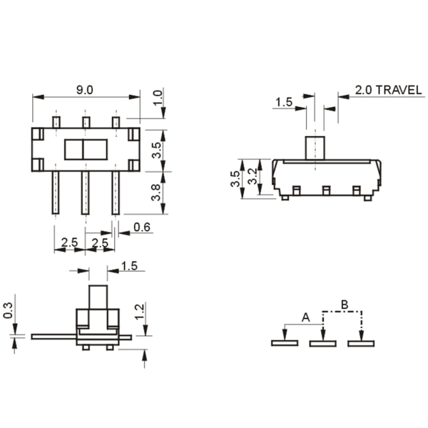 25st 3-stifts mini-skjutomkopplare På-AV 2-positions mikroskjutvippströmbrytare Miniatyr horisontell skjutomkopplare SMD