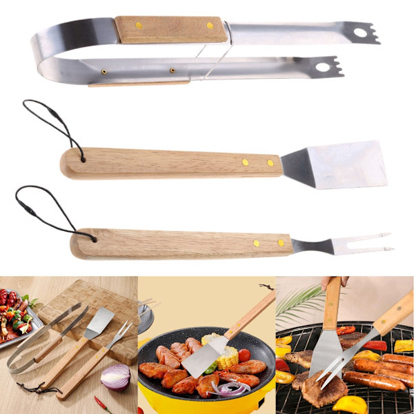 Trähandtag BBQ-verktygssats Grillar Redskap Utomhus Camping Grillverktyg