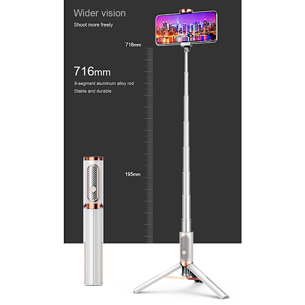 Allt-i-ett Anti Shake Selfie Stick för Smartphone Vlog Live Video Record Selfie med 360° fjärrkontrollrotation Black