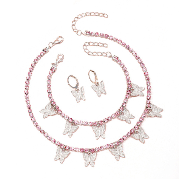 Elegant Skinnende Sommerfugl Smykkesæt Krystal Vedhæng Halskæde Øreringe Armbånd Glimtende Charm Zirkon Smykker
