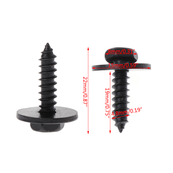 10 kpl 4,8x19mm Itsekierteittävät ruuvit kiinteällä aluslevyllä 8mm kuusiokanta musta