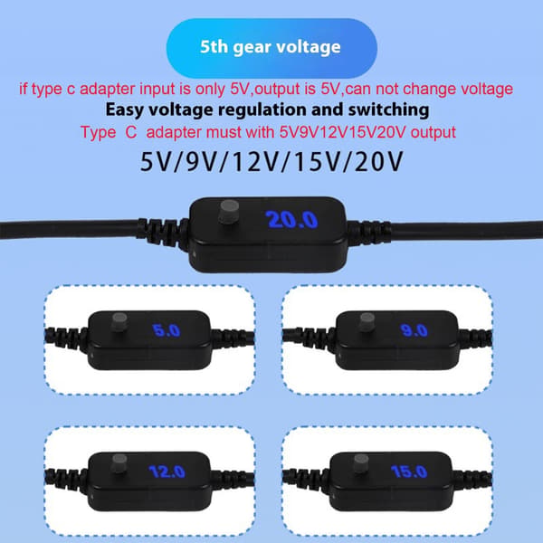 USB C til 5.5x2.5mm 5V 9V 12V 15V 20V Justerbart Kabel Strømadapterkabel